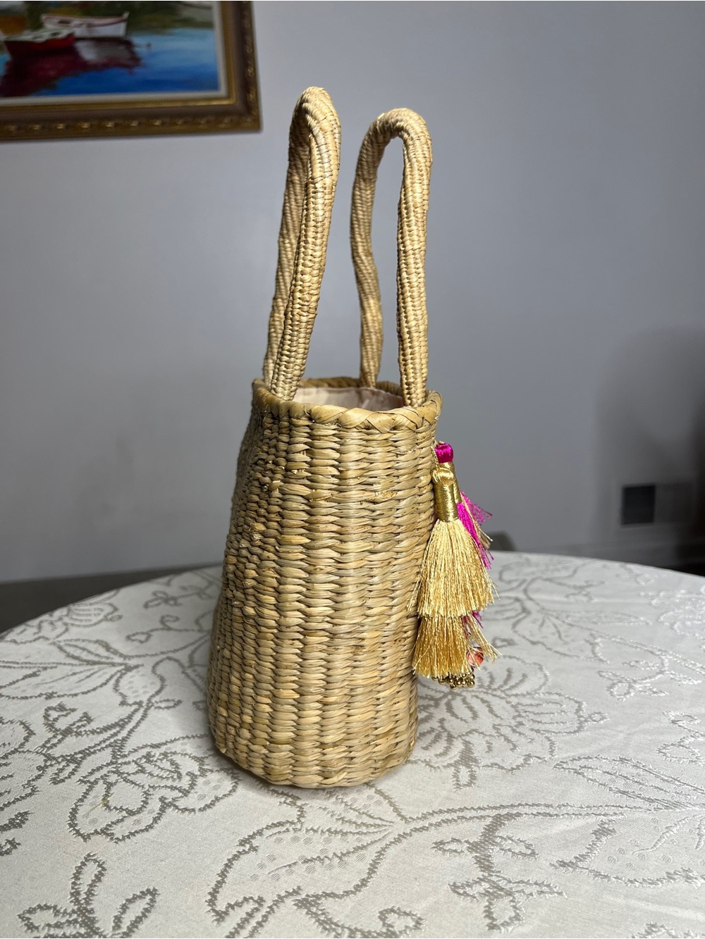 Vintage Straw Tote with Pink & Natural Tassels - Picture 6 of 9